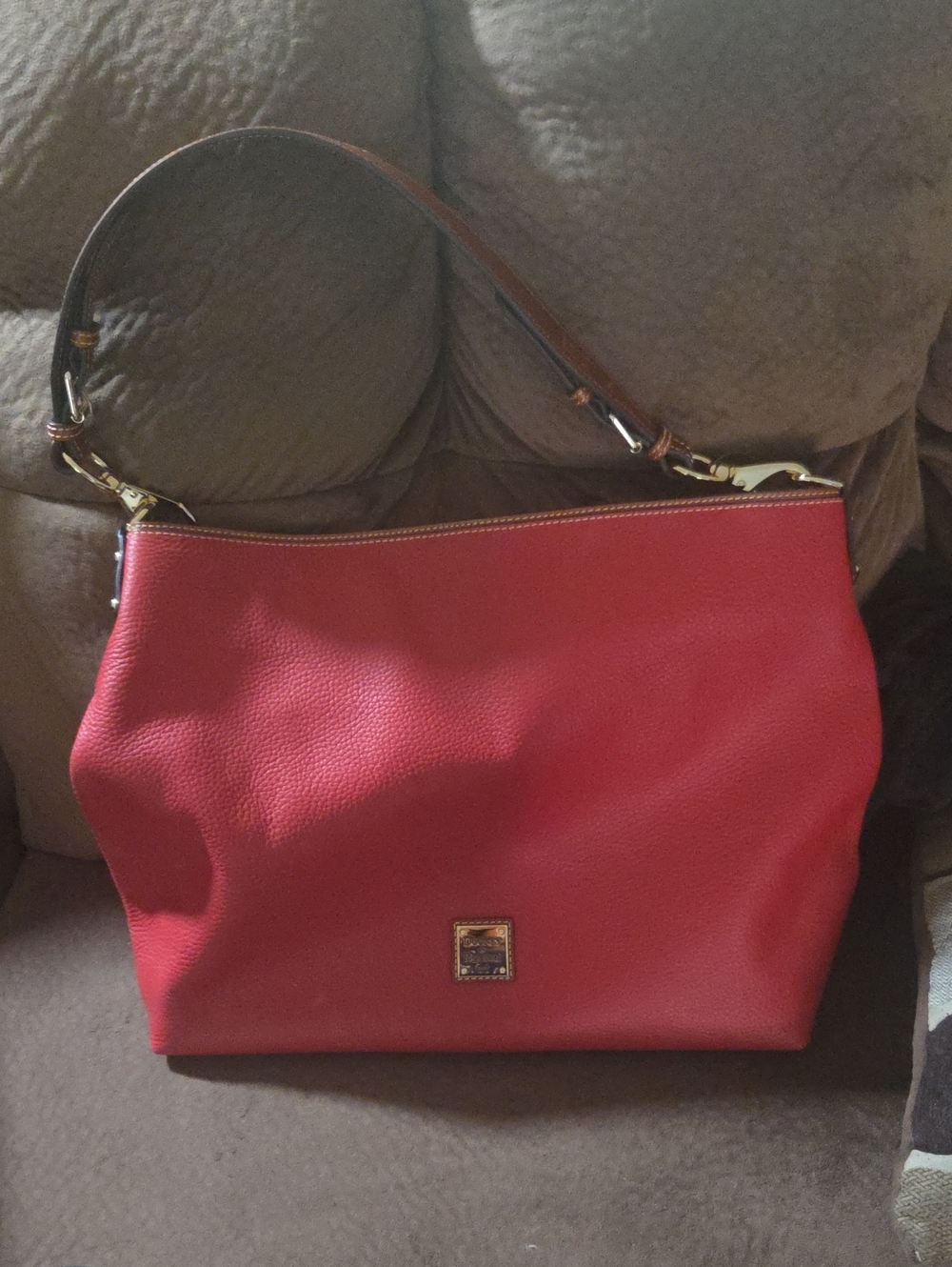 Dooney & Bourke Red Pebbled Leather Shoulder Bag with Brown Strap
